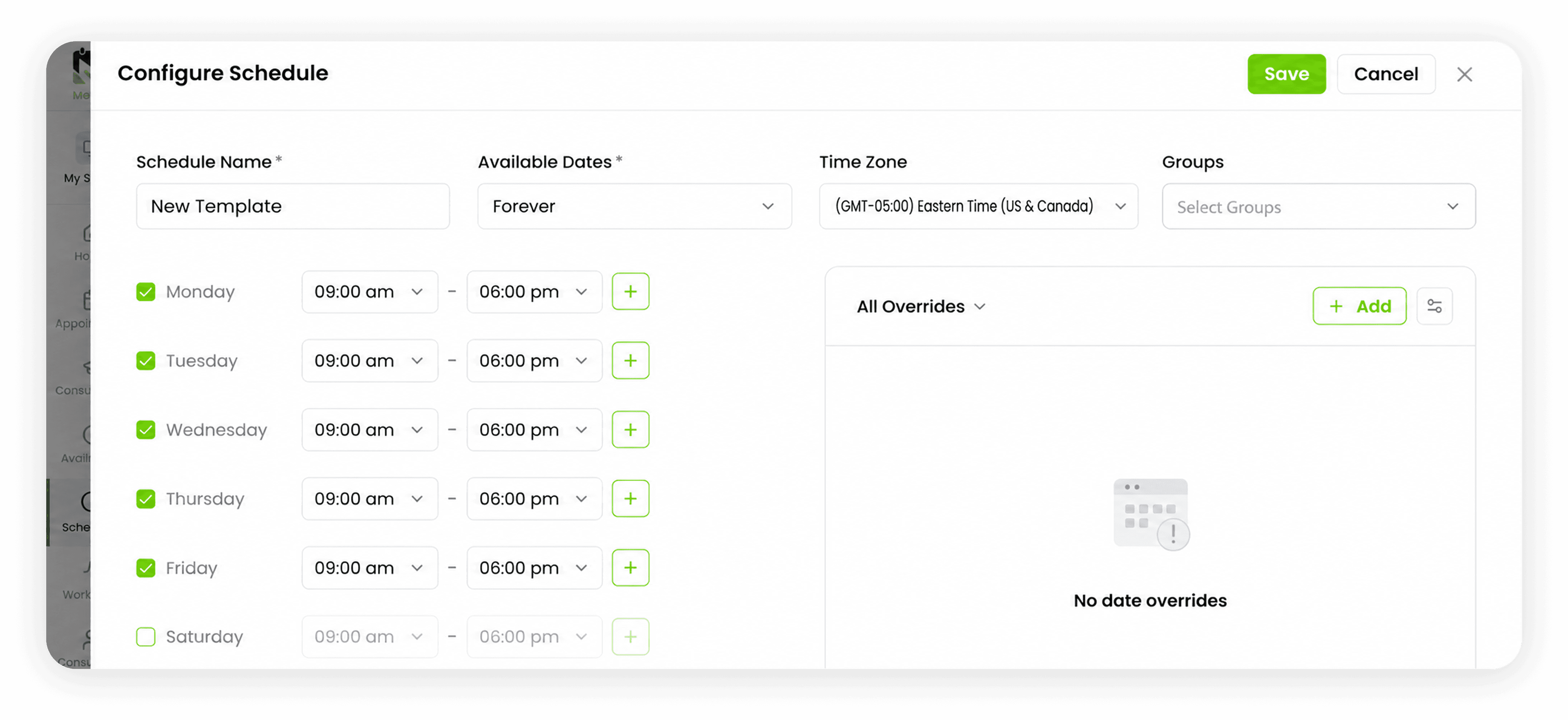 Configure schedule with working hours and overrides