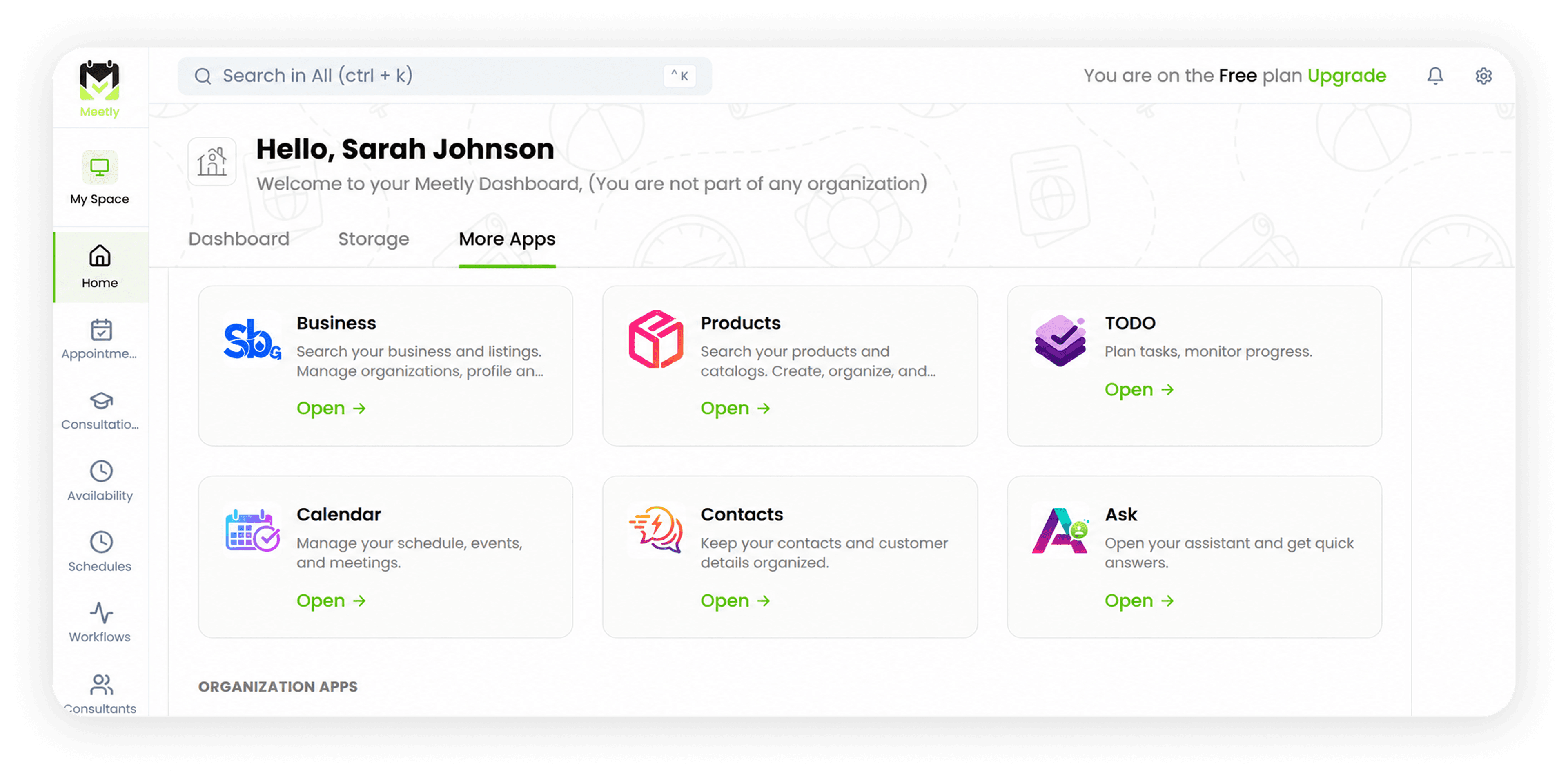 Meetly dashboard showing connected business apps