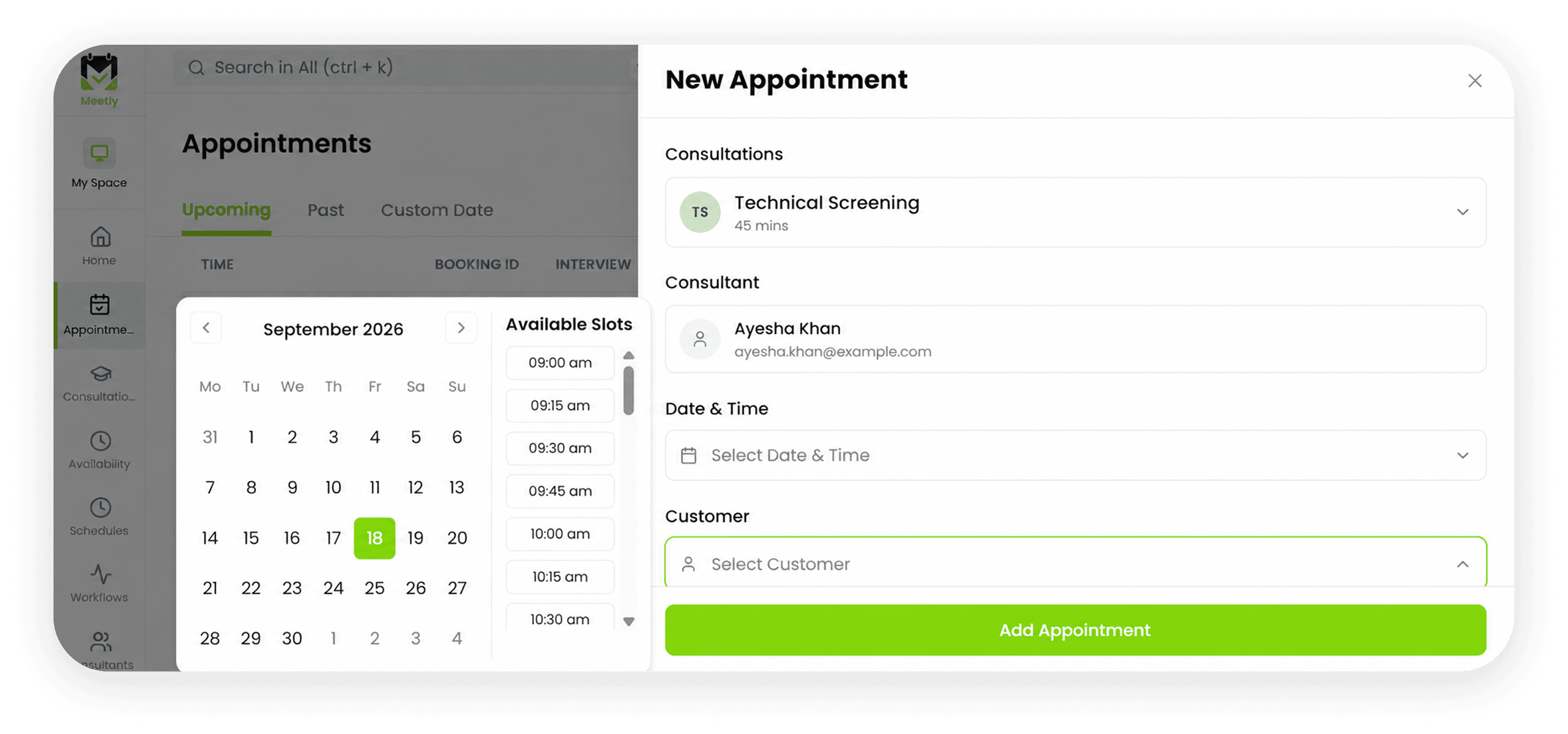 Create a new appointment with calendar and available slots