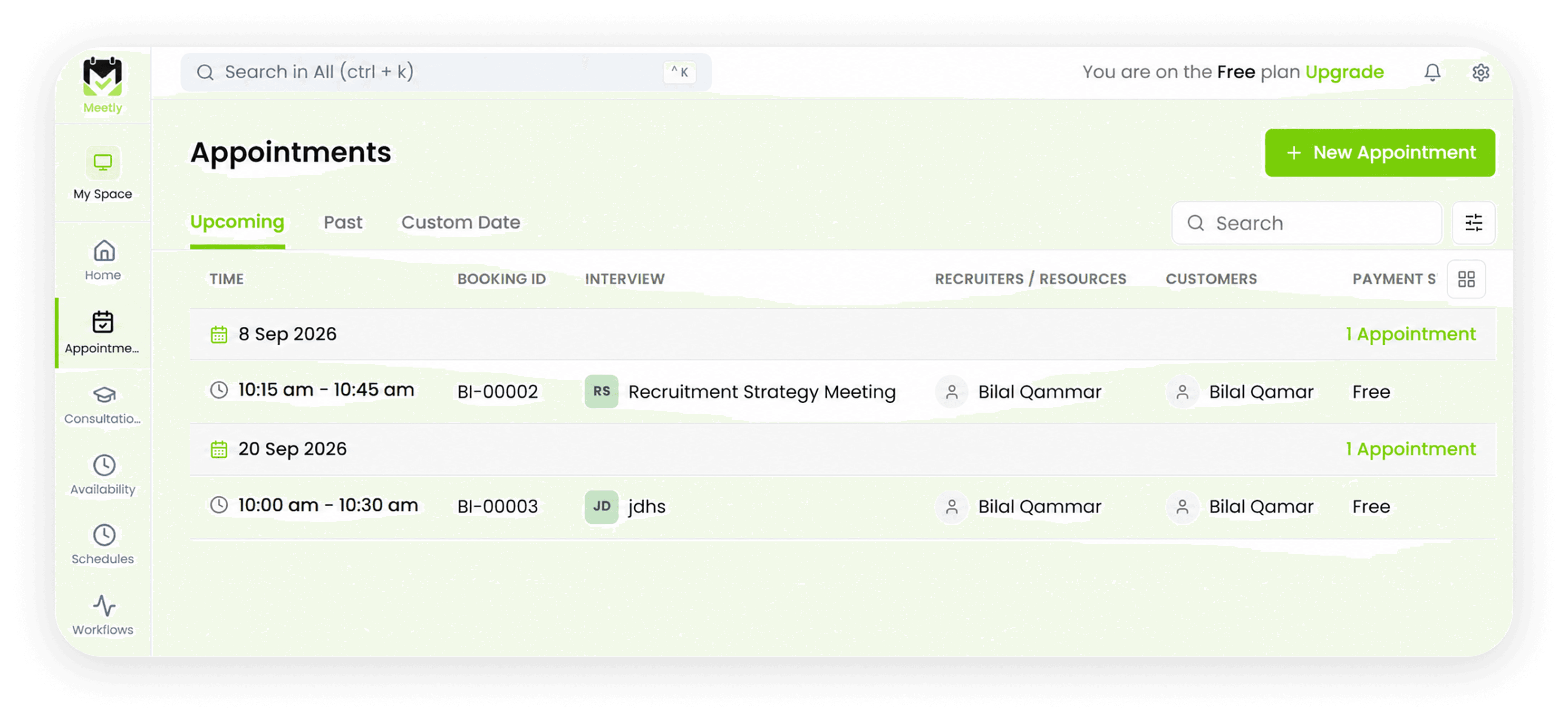 Meetly appointments dashboard